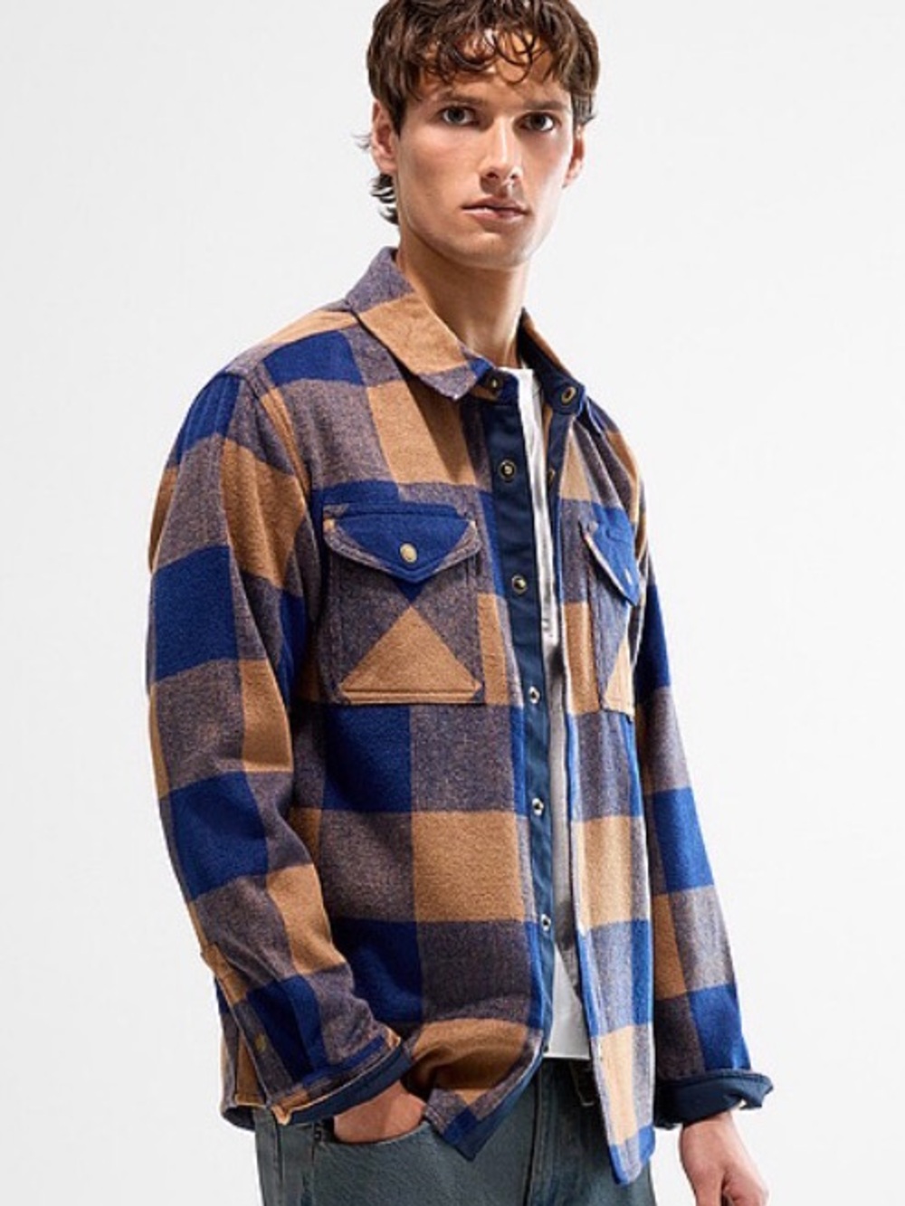 St. John's Bay Blue and Tan Plaid Button-Down Shirt